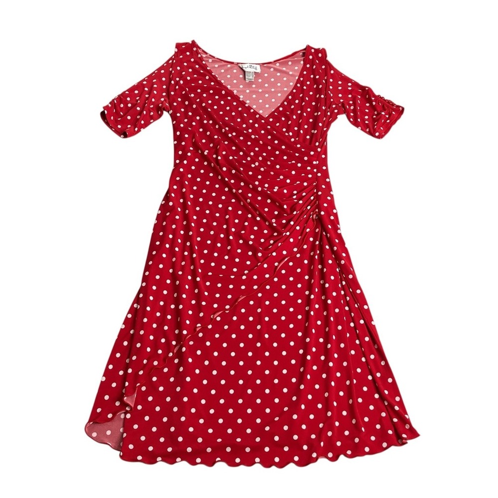 Joseph Ribkoff Dress 12 Red Polka Dot Faux Wrap Ruffle Hem Slit Half Sleeve